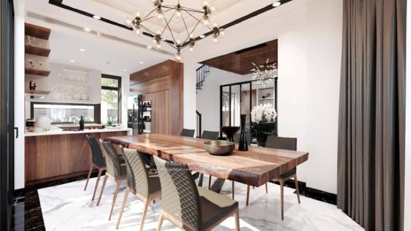 Sẽ là một gợi ý tuyệt vời với sự có mặt tủ bếp gỗ óc chó veneer trầm ấm kết hợp gam màu trắng sáng, long lanh từ tủ bếp trên gỗ công nghiệp An Cường acrylic và mặt bàn bếp đá nhân tạo gốc thạch anh. Sự tương phản giữa 2 sắc màu sẽ là ý tưởng tuyệt vời cho bố trí nội thất phòng bếp hiện đại cho không gian nhà phố, biệt thự.