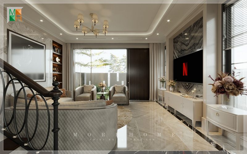 Phòng khách của nhà phố được thiết kế theo phong cách hiện đại sang trọng, cung cấp các tiện nghi thoải mái và tạo nên một gu thẩm mỹ riêng cho gia chủ.
